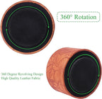 Hennaja Round Leather Art Supply Organizer,Remote Control Holder,360 Degree Spinning,Multi-Functional Pencil Holder,4 Compartments Desktop Stationary Organizer(1-Carved Brown)