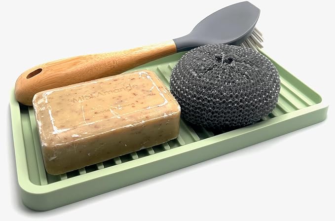 Happitasa Silicone Kitchen Sink Organizer Tray, Sponge Holder and Countertop Protector | Bathroom and Kitchen Soap Dish and Dispenser Tray (Pistachio, 10"x5.25", 10.4 Ounces)
