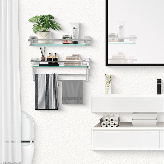 LANC Bathroom Shelves Glass Shelf 20-Inch Brushed Nickel Floating Tempered Glass Shelf Rectangular Modern Stainless Steel Wall Mount Shelves for Shower Bathroom Kitchen Organizers Accessories，A7613BN