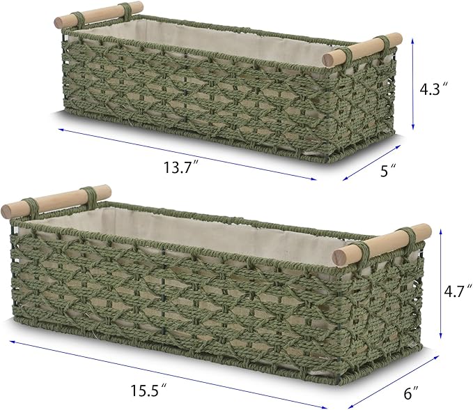 Toilet Paper Baskets for Organizing[2 pack],Paper Rope Wicker Storage Basket with Handle, Bathroom Basket for Bedroom, Nursery, Living Room. (green)