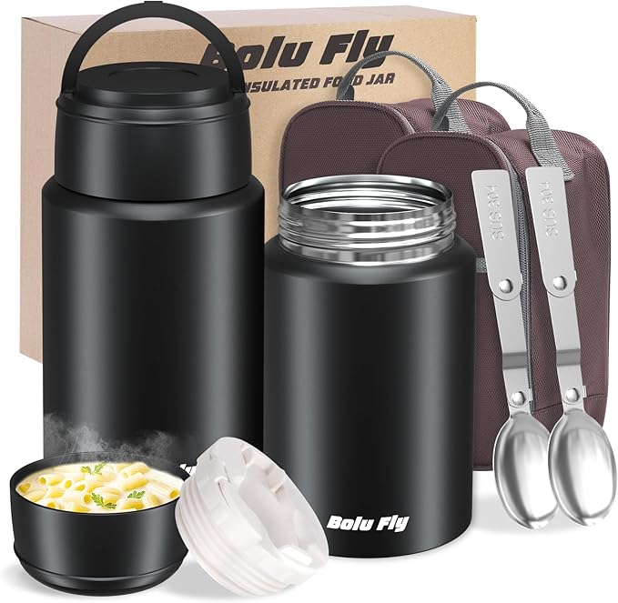 2 Pack Soup Thermo for Hot Food for Adults, Insulated Food Jar, Stainless Steel Vacuum Thermal Lunch Box Containers with Carry Bag and Spoon (18.5oz, 27oz) (Black)