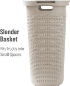 Mind Reader Slim Laundry Hamper with Lid, 60L Tall Clothes Basket, Narrow Tapered Design for Bathrooms, Closets and Laundry Rooms, Plastic, 2 Pack, Ivory