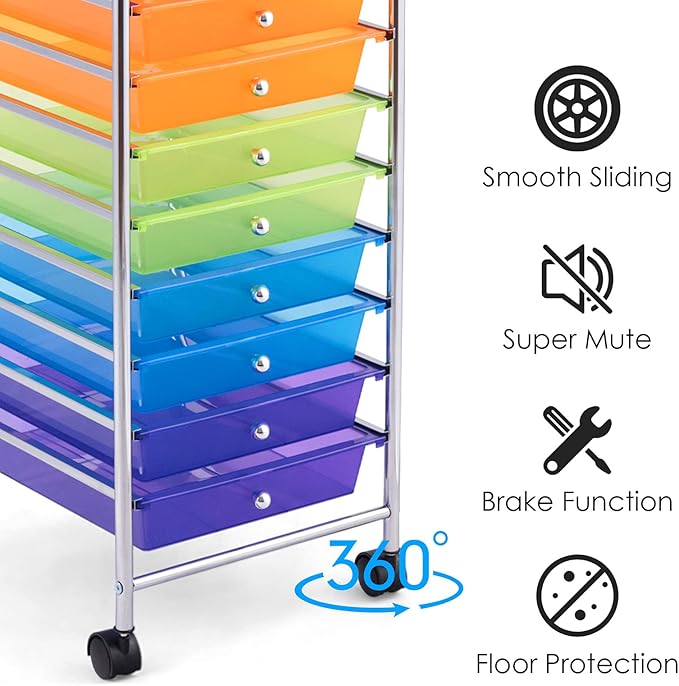 GOFLAME 10-Drawer Rolling Storage Drawer Cart, Utility Cart with Removable Drawers & Metal Frame, Mobile Art Craft Drawer Cart with Lockable Wheels for Home, Office, Studio, School, Rainbow