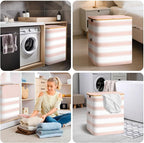 BALEINE Laundry Hamper with Lid, Tall Laundry Baskets with Bamboo Pull Handles, Large Laundry Bin with Internal Support (26 Gal/100L, Pink Stripe)