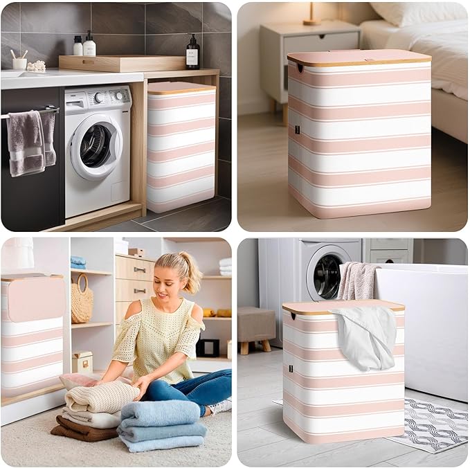 BALEINE Laundry Hamper with Lid, Tall Laundry Baskets with Bamboo Pull Handles, Large Laundry Bin with Internal Support (26 Gal/100L, Pink Stripe)