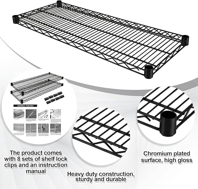 2 Pack Additional Wire Shelf for Wire Shelving Units Chrome Finish Shelving Weight Capacity 600-800 Lb, Heavy Steel Industrial for Warehouses, Closets, Kitchen (Black,14" W X 36" L)