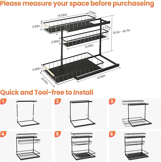 Under Sink Organizer and Storage for Bathroom and Kitchen - 1 Pack 3 Tier Under Cabinet Pull Out Shelf Organizers - Slide Out Drawer Organization for Home Cabinets Shelves and Drawers
