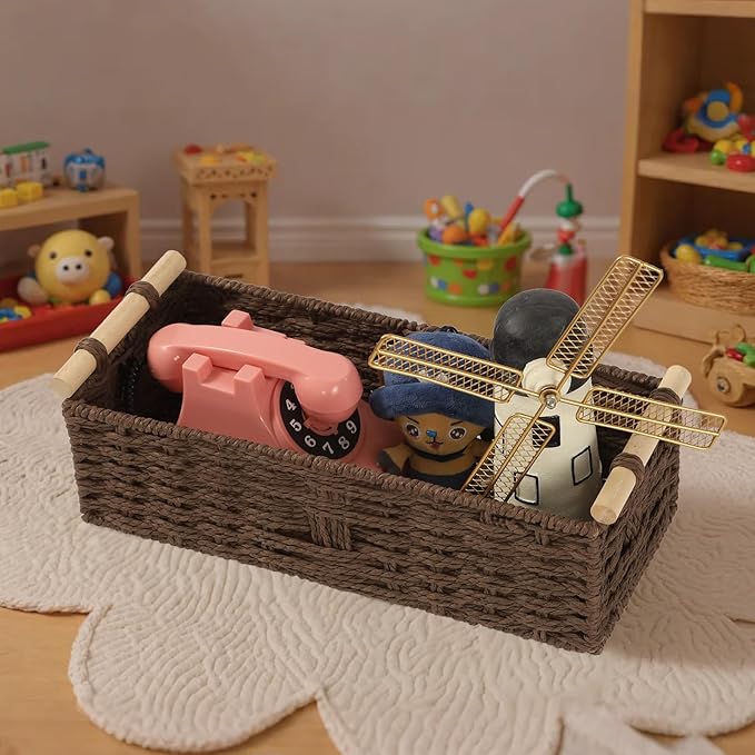 Toilet Paper Wicker Basket, Paper Rope Storage Basket with Wooden Handle, Wicker Baskets for Organizing, Decorative Storage Wicker Bins for Countertop, Small Basket Fits with Any Decor