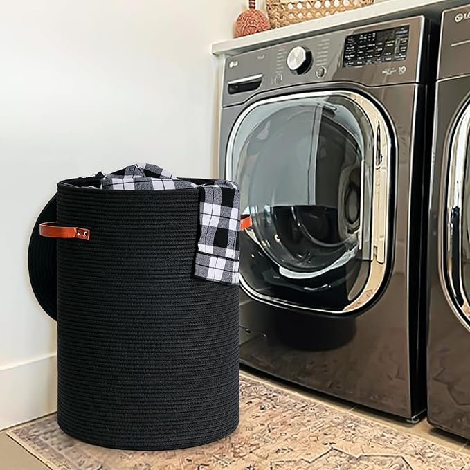 CHICVITA Tall Laundry Basket with Lid, Large Laundry Hamper for Bedroom, Laundry Bin for Clothes, Blankets, Toys, Decorative Woven Basket for Living Room, 15 x 20 inches, Black