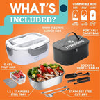 TRAVELISIMO Electric Lunch Box for Adults 100W Heated Lunch Box For Men 1.5L Stainless Steel Portable Food Warmer, 12/24/110V for Travel & Work, Loncheras Electricas Para Calentar almuerzo