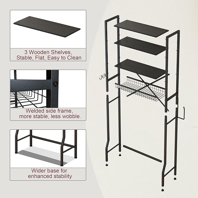 Over The Toilet Storage Shelf, 4-Tier Bathroom Organizers and Storage Rack with Adjustable Height, Freestanding Above Toilet Shelves for Bathroom & Laundry, Space Saver, Black