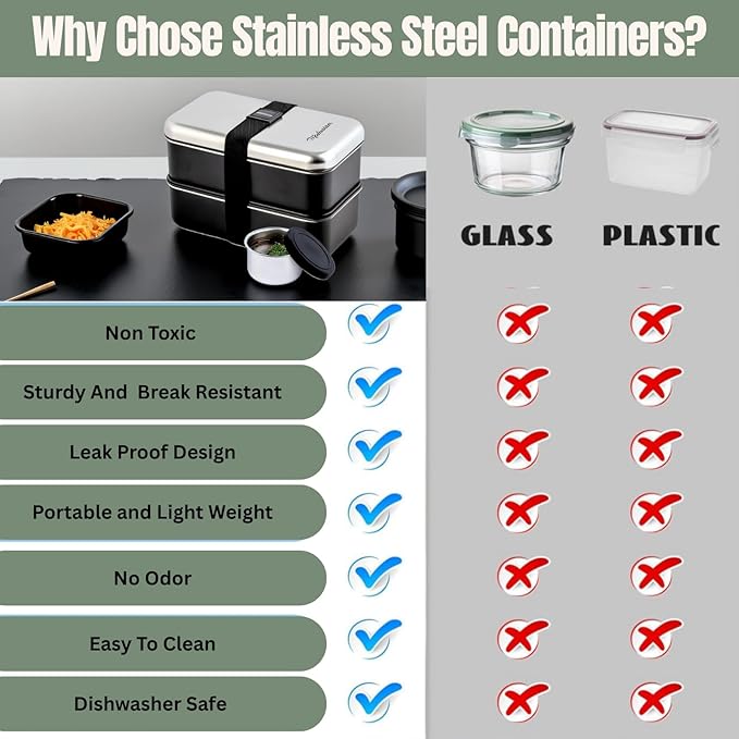 Leak Proof Stainless Steel Bento Box, Stainless Steel Lunch Box For Adults, Metal Bento Box, Japanese Lunch Container, Large With Compartment, Korean Bentobox, Non Toxic, Microwave Safe