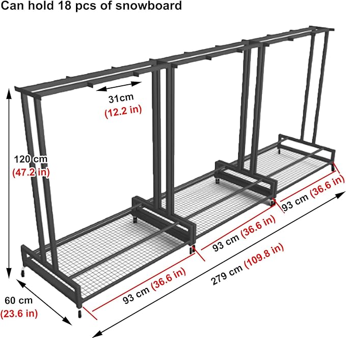 1 2 3 4 5 6 8 9 10 Pair Ski Storage Rack for Organize, Indoor Ski Board Stand for Garage/Basement/Shed, Floor Standing Longboard Carrier Wheels(Holds 18 pcs(9 Pair))