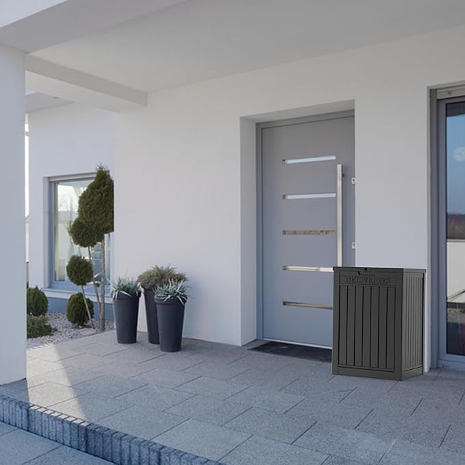 48 Gallon Resin Package Delivery Box - Rust & Moisture Resistant, Lockable, Waterproof Deck Box for Porches, Patios, Indoor & Outdoor Use (Blcak, 48 Gallon)