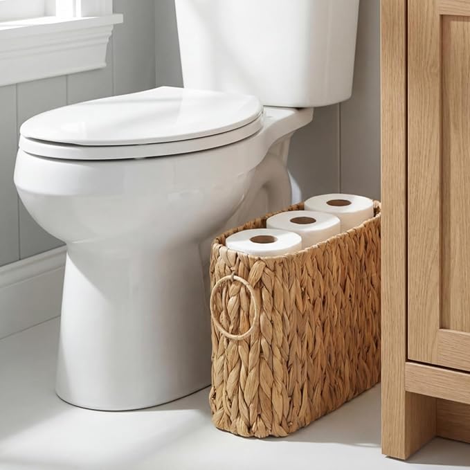 Toilet Paper Storage, Handwoven Toilet Paper Baskets with Handle for 9 Standard Rolls, Large Water Hyacinth Magazine Holder Narrow Wicker Trash Can for Bathroom Accessories