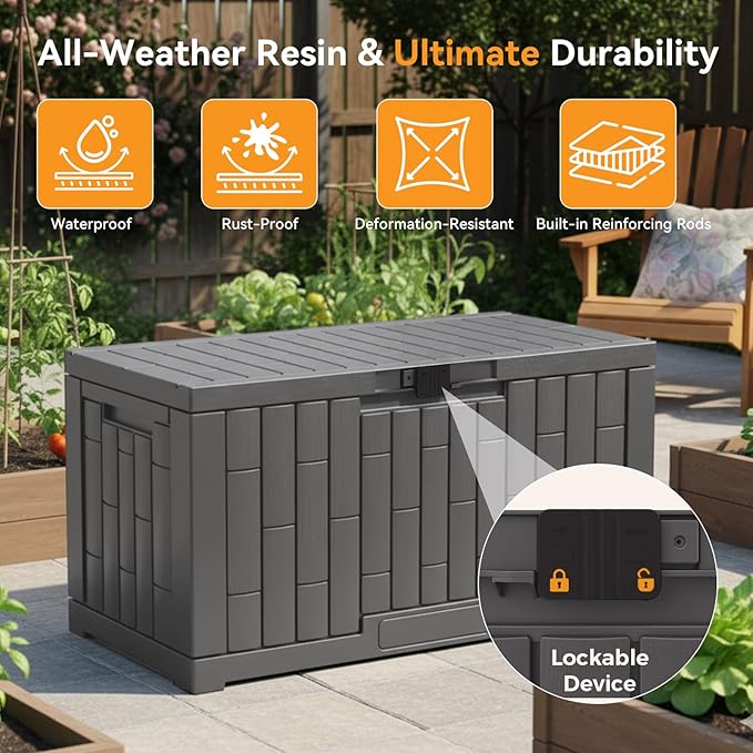 DUMOS 60 Gallon Deck Box, UV Resistant Waterproof Storage Bin for Patio Cushions Gardening Tools, Lockable Resin Outdoor Storage Box with Hundles, Grey