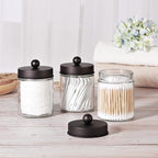 Apothecary Jar Canisters Bathroom Vanity Organizer - Qtip Holder Storage Organizer Countertop -Stainless Steel Lids &Cute Stickers for Qtips,Cotton Swabs,Makeup Sponges,Floss(3 Pack) (Bronze)