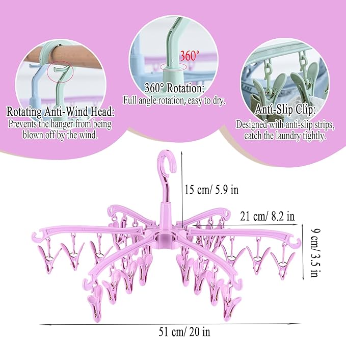 Foldable Drying Rack with 24 Clips for Drying Socks Lingerie Baby Clothes Drying Towels Rotatable Sock Drying Rack 2 PCS (Pink)