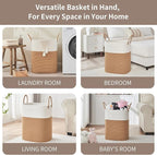 Laundry Basket with Handles - Blanket Basket & Hampers for Bedroom Aesthetic, Laundry Hamper & Blanket Storage for Living Room, Clothes Hamper, Tall, Large 17" x 14" x 22”, White & Jute