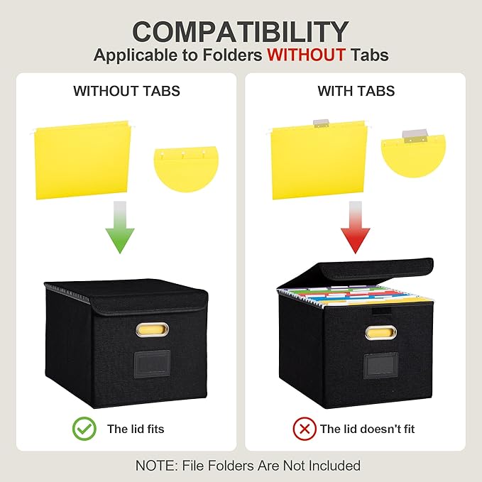 Collapsible File Box with Lid & Plastic Slide - Hanging Document Organizer for Office/Home, 14.96x12.6x10.83 Inch,Decorative Home File Bin,Black, 1 Pack (No Folders Included)
