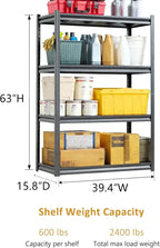 40" W Heavy Duty 4-Tier Adjustable Black Metal Garage Shelving Unit – Ideal for Garage, Basement, Pantry & Warehouse, Storage Shelves, 2400LBS, 16" D x 63" H, Black