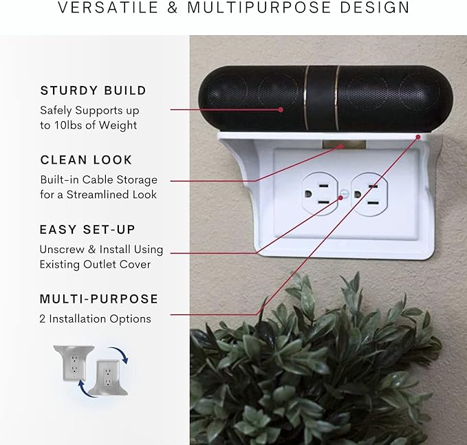 Power Perch Horizontal Wall Outlet Shelf with Cord Storage Strap - Declutter & Reclaim Bathroom Counter Space - Echo Dot Stand, Apple Homepod Shelf, Toothbrush Holder for Bathroom- White, 2-Pack