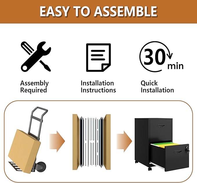 2 Drawer File Cabinet on Wheels, Mobile Two Drawer Filing Cabinet with Lock, Small Rolling Files Cabinets for Under Desk, Metal Filing Cabinets for Letter Size Folders - Assembly Required