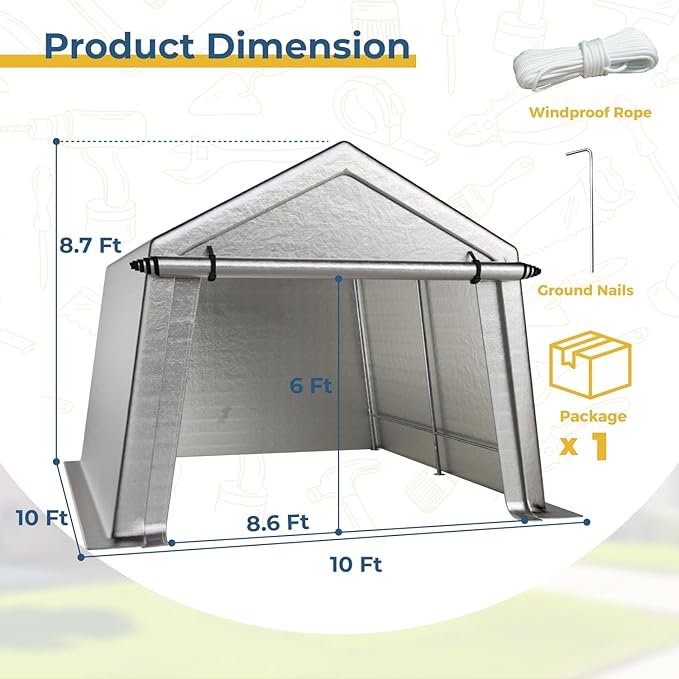 10 x 10 FT Carport, Portable Shed w/220G Heavy Duty Waterproof PE Tarp, Roll-up Zipper Door & Vent, Weather-Resistant Storage Shed for Motorcycle, Bike and Tools, Gray