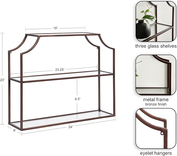Kate and Laurel Ciel Modern Glam Wide Two-Tier Wall Shelf, 24 x 20, Bronze, Tiered Bathroom Shelves for Over the Toilet Storage or Bedroom Makeup Organizer
