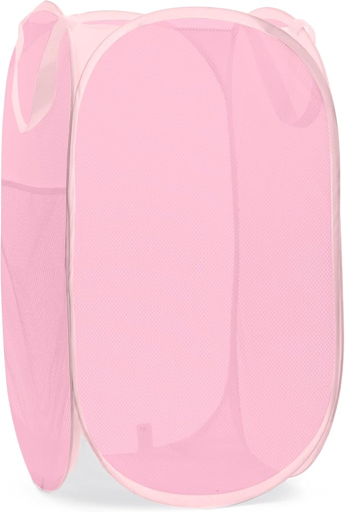 Handy Laundry Collapsible Mesh Pop Up Laundry Hamper, Breathable & Foldable Basket with Side Pocket, Space-Saving, Durable Handles, Wide Opening for Clothes, Toys & Storage, 14 x 13 x 24 in, Pink
