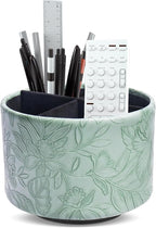 Hennaja Round Leather Art Supply Organizer,Remote Control Holder,360 Degree Spinning,Multi-Functional Pencil Holder,4 Compartments Desktop Stationary Organizer(1-Carved Dark Green)