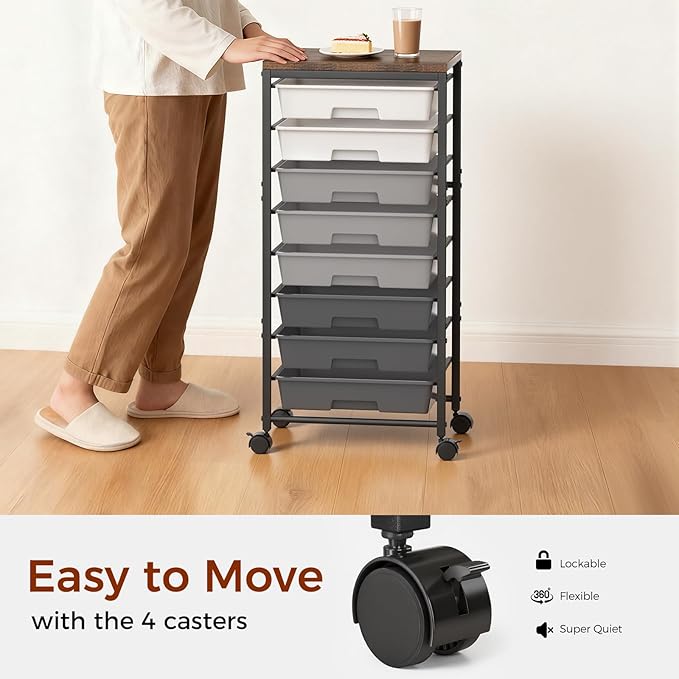 Rolling Cart with 8 Drawers, Plastic Drawer Storage Carts with Wheels & Wooden Tabletop, Metal Utility Cart Organizer for Bedroom Living Room Office Classroom Craft Organization and Storage, Grey