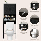 Vabches Over The Toilet Storage Cabinet, Farmhouse Over Toilet Storage Cabinet, Metal Frame with 2 Barn Doors, Home Space-Saving Toilet Rack for Bathroom, Toilet, Laundry Room,Black