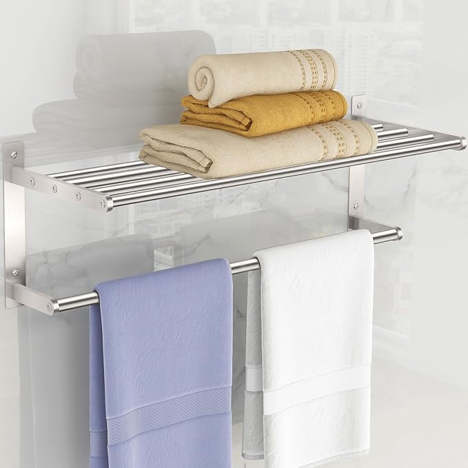 Towel Racks for Bathroom, 2 Tier Bathroom Shelf with Towel Bar, 24 Inch Stainless Steel Towel Rack Wall Mounted, Bathroom Towel Storage Hotel Towel Rack with Shelf, Brushed Nickel
