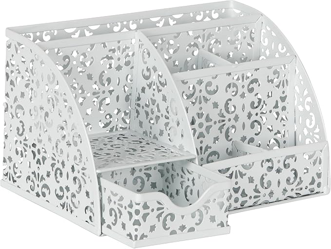 EasyPAG Desk Organizer and Pen Holder for Desk, Mesh Office Supplies Storage Caddy with Drawer for Small Space, Desktop Organizer for Home Office, White