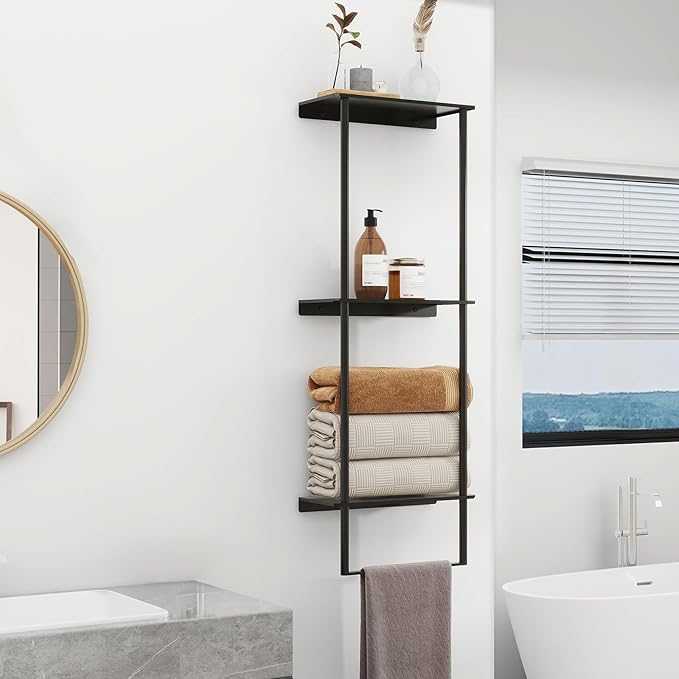 Towel Storage for Bathroom, 3 Tier Towel Rack with Shelf and Towel Bar, Wall Mounted Towel Racks for Bathroom Towel Storage and Organizer - Matte Black