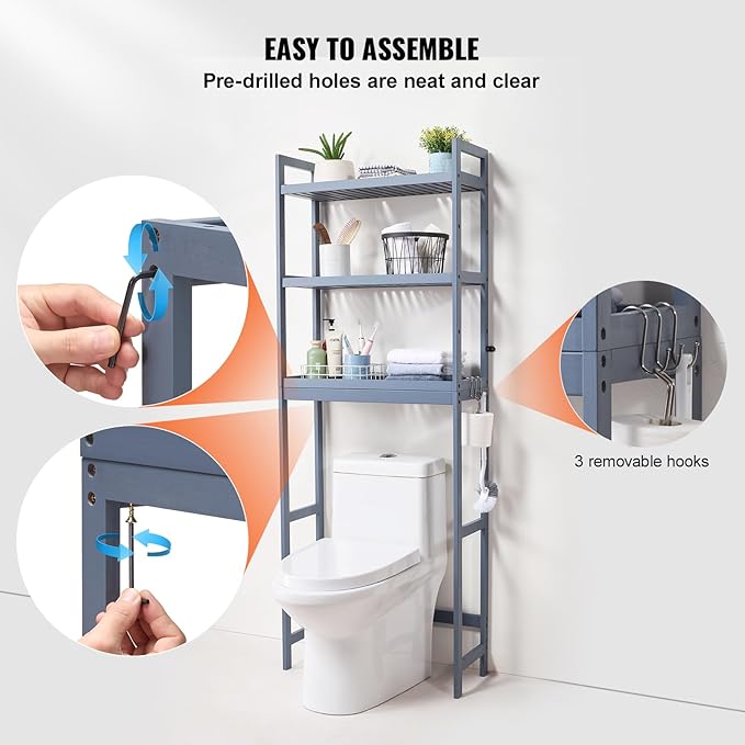 VEVOR Over The Toilet Storage, 3-Tier Adjustable Over Toilet Bathroom Organizer, Bamboo Storage Shelf Rack with 3 Hooks, Freestanding Easy Assembly Laundry Space Saver, Fit Most Toilets, White