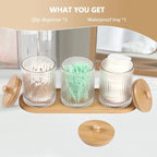 3 Pack Qtip Holder - Bathroom Organizers and Storage, Cotton Round Holder Floss Pick Cotton Ball Holder Swab Dispenser Set with Tray, Glass Apothecary Jars with Lids, -sw clear y
