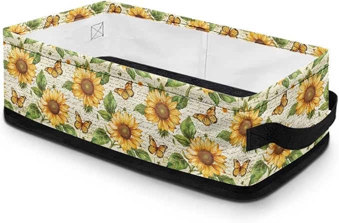 Narrow Storage Basket Decorative Fabric Storage Bin for Organizing Towels Toilet Paper Basket Long Tidy Storage Bin for Bedroom Bathroom Small Items, Sunflower Butterfly Letter Print