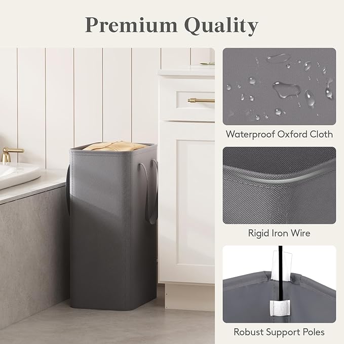 Lifewit 50L Slim Laundry Hamper, Narrow Small Laundry Basket with Handle for Dirty Clothes, Collapsible Tall Thin Laundry Bin for Bathroom Bedroom Dorm College, Grey