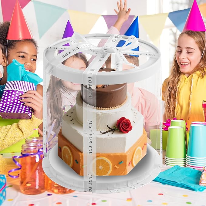 JCD 6Pcs 8.5 * 9.5inch Round clear cake boxes with Ribbon,Ideal for 7inch and 6inch Tall Layer Tiered Cakes,Multi-Layer cake boxes for Christmas Bakery Treat (box, Clear Lid, Round 8.5inch/6Pcs)