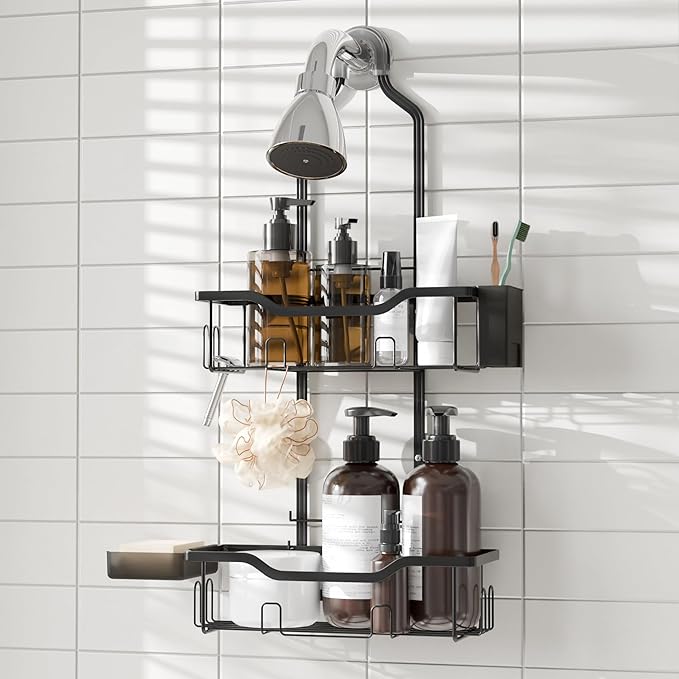 Hanging Shower Caddy Over Showerhead,2 Tier Rustproof Bathroom Shower Organizer, No Drill Shower Rack with Soap Dish, Toothbrush Holder and 12 Hooks,Black