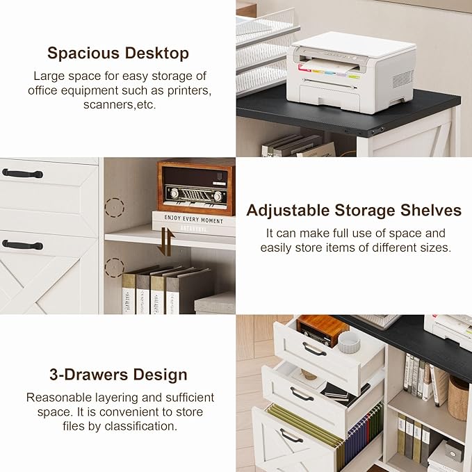 3 Drawer File Cabinet, Farmhouse Lateral Filing Cabinet Fits Files Letter or A4 Size, Wooden Printer Stand with Open Storage Adjustable Shelf for Home Office, White and Black