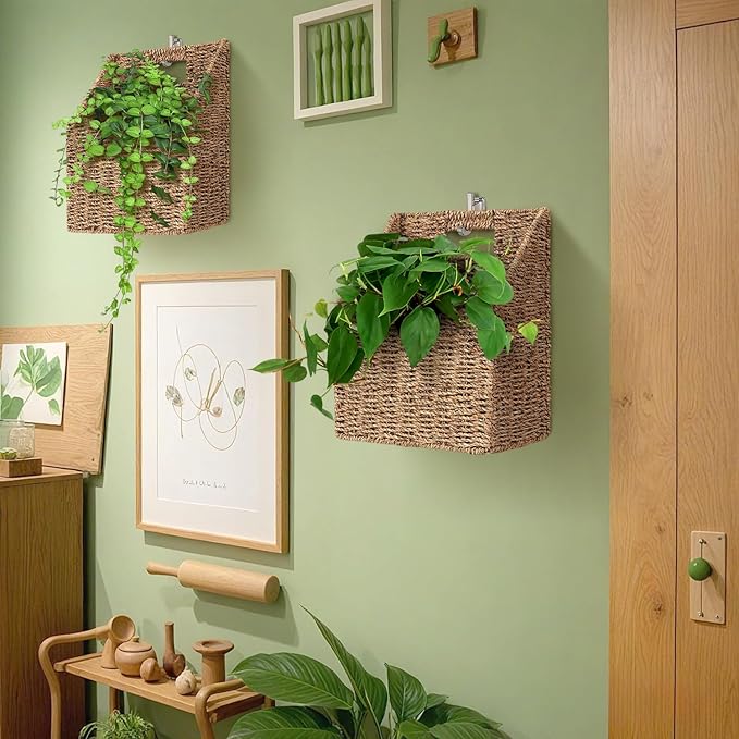 Wicker Hanging Storage Basket (10,5"Lx6,5"Wx13"H), Set of 2 Wall Baskets, Water Hyacinth Baskets, Wall Decor Hyacinth Basket Hanging for Organizing Files, Mails, Books (Seagrass)