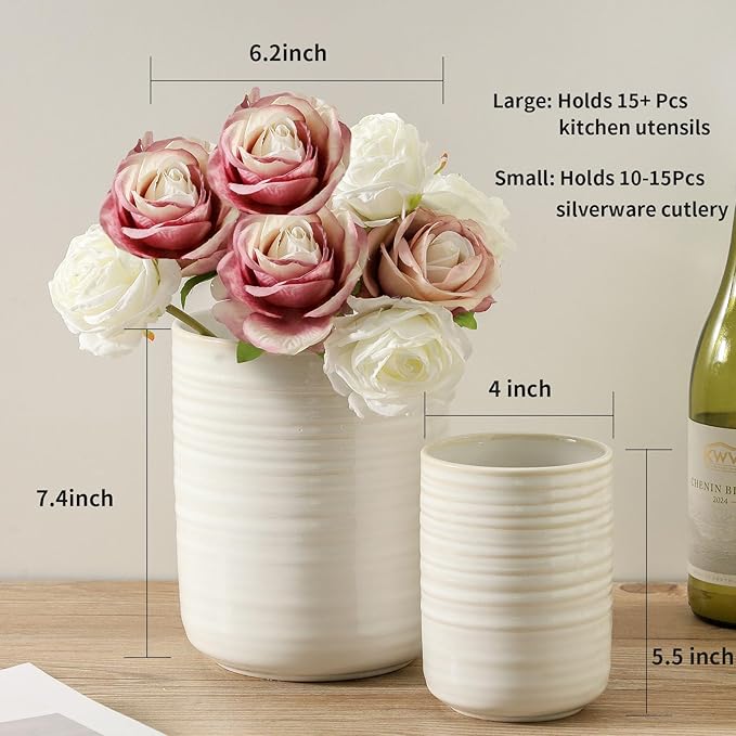 HASENSE Cooking Utensil Holder, 7.4"+5.5" Ceramic Kitchen Utensil Holder for Counter, Rustic Utensil Oganizer Crocks for Spatula, Kitchen Gift for Birthday Wedding, Set of 2, Clay-Infused White