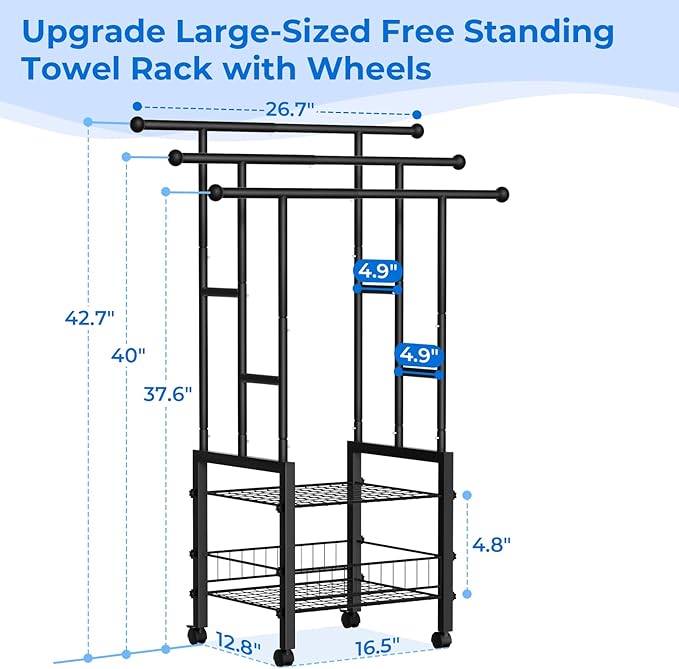 Kayfia 42.7" H Standing Towel Racks for Bathroom with Wheels, Upgraded Large Size 3 Tier Metal Blanket Rack Stand with Shelf and Basket, Storage for Oversized Bath Towels Bathroom Pool Accessories