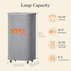 Lifewit 105L Plastic Laundry Basket with Lid, Large Clothes Hamper with Wheels and Removable Bag, Tall Collapsible Rolling Storage Bin for Dorm Bedroom Bathroom, Light Gray