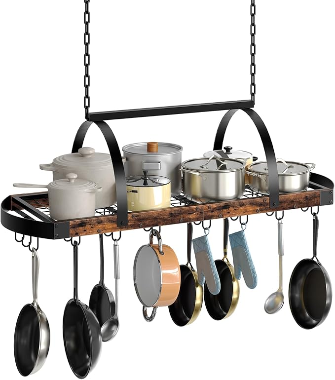 Hanging Pot Rack, Pot Hanger for Kitchen, Ceiling Mounted Pot Holder, Cookware Organizer with 24 S-Shaped Hooks, for Pot, Pan Storage, Space-Saving, Rustic Brown and Black TPR28BF