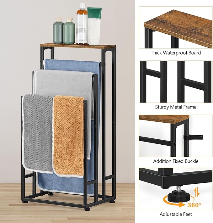 Freestanding Towel Racks for Bathroom 3 Tier Towel Drying Rack Small Standing Towel Rack with Shelf Hand Towel Holder Stand for Bathroom Floor Dorm Laundry Room (Rustic Brown)