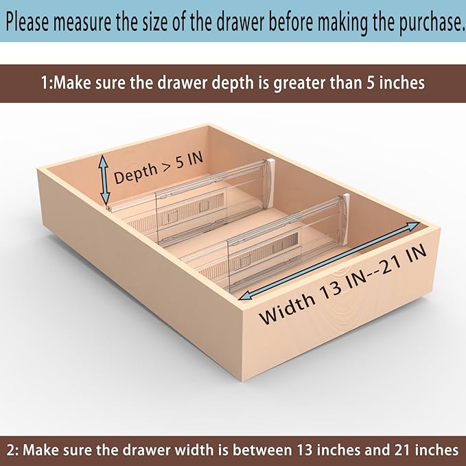 8 Pack Adjustable Drawer Dividers for Clothes,5" High Expandable From 13-21" Clear Drawer Organizers, PC Plastic Separators for Dresser/Bedroom/Bathroom/Kitchen/Office Storage